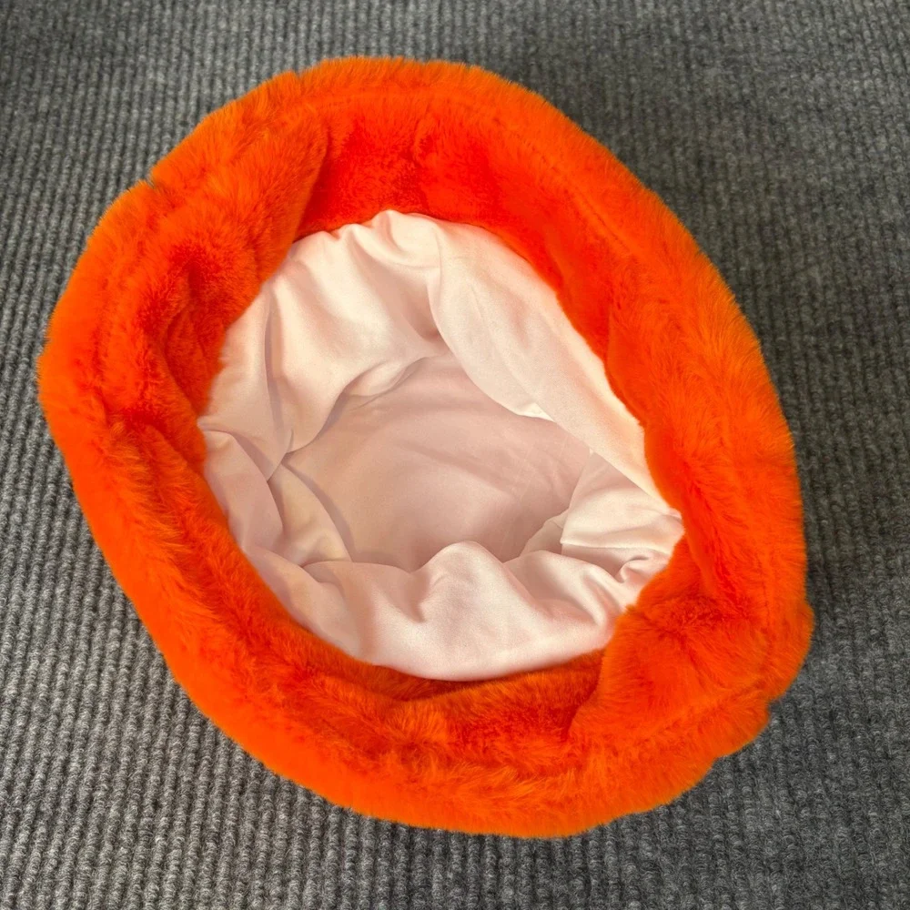 Orange Faux Fur Bucket Hat Plush Fuzzy Soft Winter Festival Statement One Size
